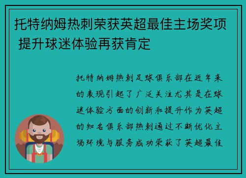 托特纳姆热刺荣获英超最佳主场奖项 提升球迷体验再获肯定